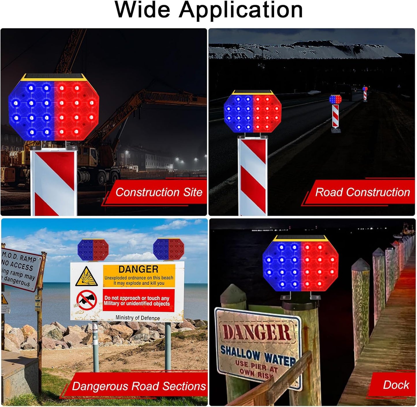 Aolyty Solar Strobe Warning Light, IP65 Waterproof Solar Safety Light Red & Blue Light Flashing Bright Warning Lamp 2 Modes for Construction Site, Traffic, Dock, Stop Sign, Roadblock, Crossroad