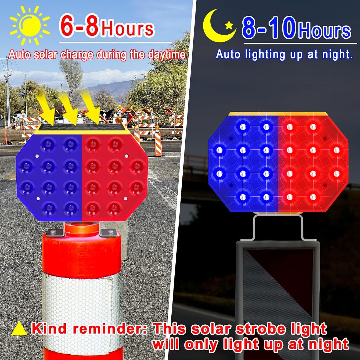Aolyty Solar Strobe Warning Light, IP65 Waterproof Solar Safety Light Red & Blue Light Flashing Bright Warning Lamp 2 Modes for Construction Site, Traffic, Dock, Stop Sign, Roadblock, Crossroad