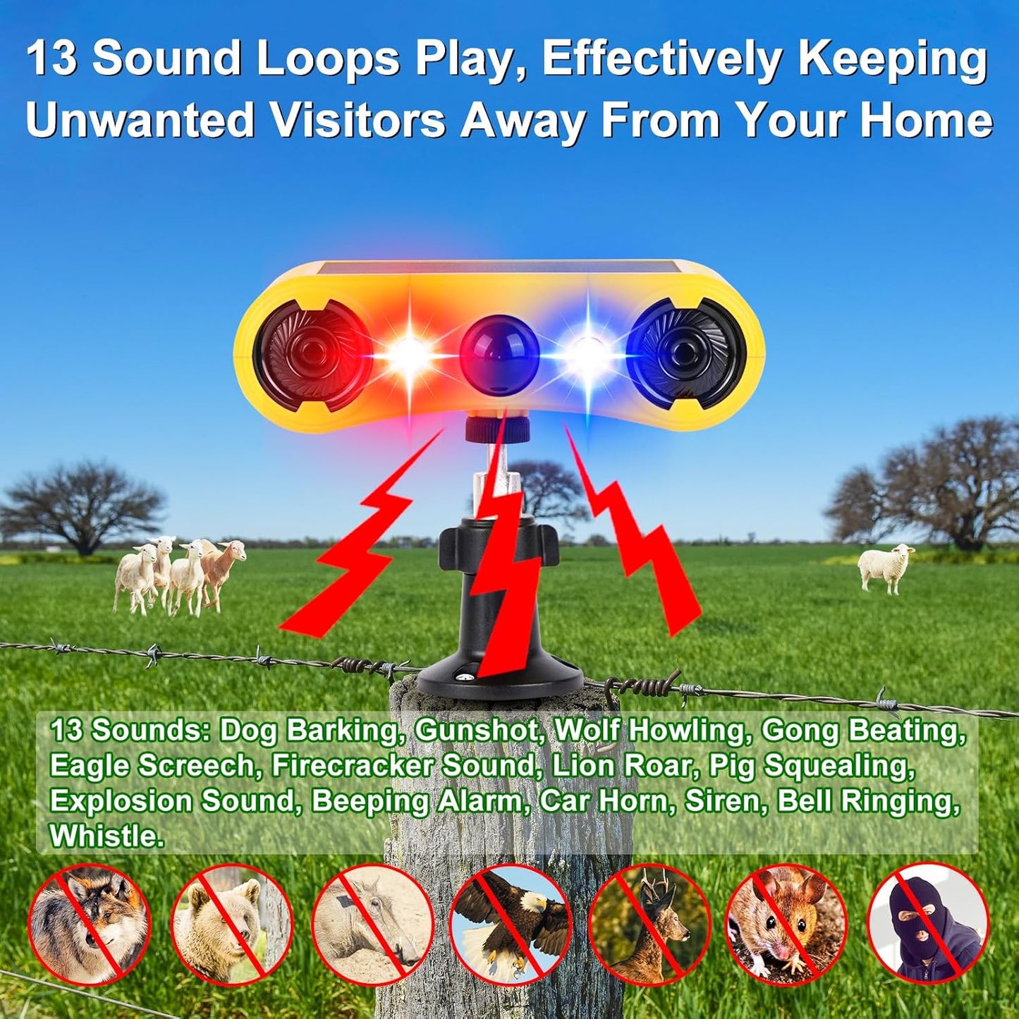 Aolyty Solar Motion Sensor Alarm Light, 129dB Loud Noise Maker Motion Detector, IP65 Waterproof 4 Work Modes 13 Sounds and Red/Blue Light Strobe for Farm, Orchard, Pasture, Home, Courtyard