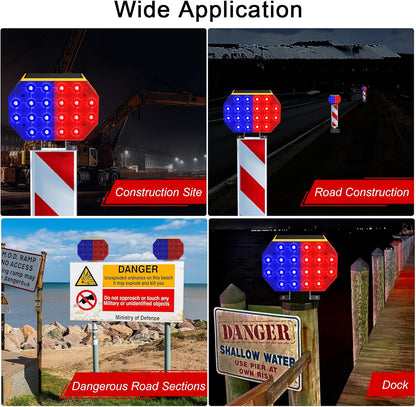 Aolyty Solar Strobe Warning Light, IP65 Waterproof Solar Safety Light Red & Blue Light Flashing Bright Warning Lamp 2 Modes for Construction Site, Traffic, Dock, Stop Sign, Roadblock, Crossroad