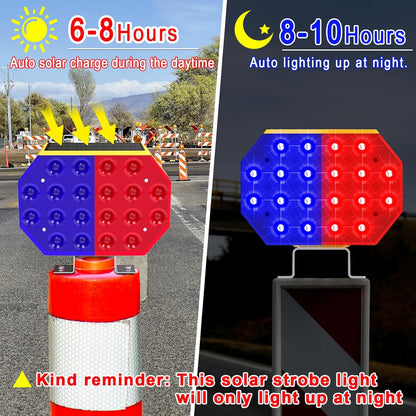 Aolyty Solar Strobe Warning Light, IP65 Waterproof Solar Safety Light Red & Blue Light Flashing Bright Warning Lamp 2 Modes for Construction Site, Traffic, Dock, Stop Sign, Roadblock, Crossroad